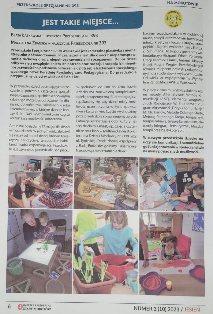 Skan artykułu z Gazety Partnerskiej Stary Mokotów na temat Przedszkola Specjalnego 393