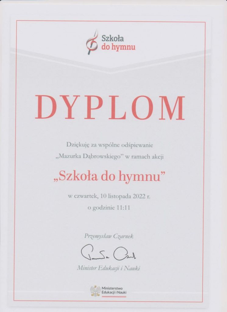 Dyplom uczestnictwa w akcji Szkoła do hymnu