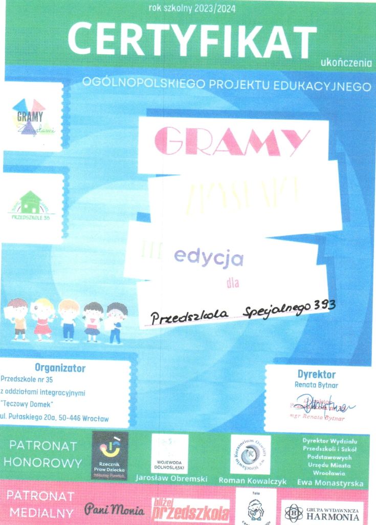 Certyfikat ukończenia ogólnopolskiego projektu edukacyjnego Gramy Zmysłami