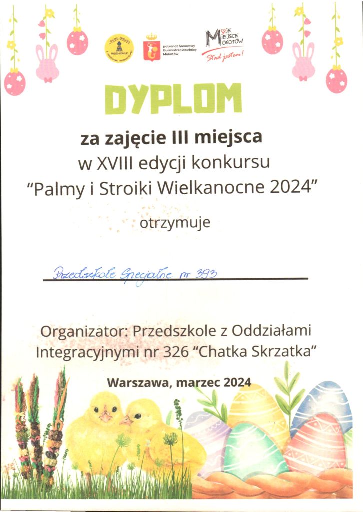 Dyplom za zajęcie trzeciego miejsca w konkursie Palmy i Stroiki Wielkanocne 2024
