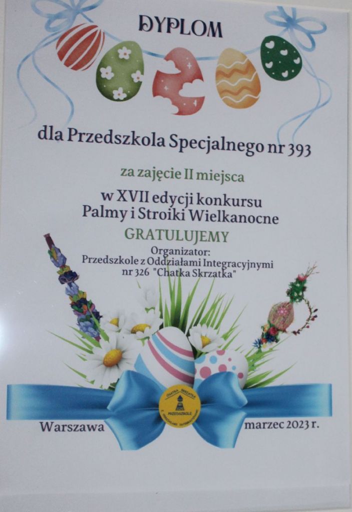 Dyplom za zajęcie drugiego miejsca w konkursie Palmy i Stroiki Wielkanocne