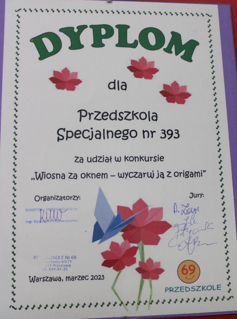 Dyplom za udział w konkursie Wiosna za oknem - wyczaruj ją z origami