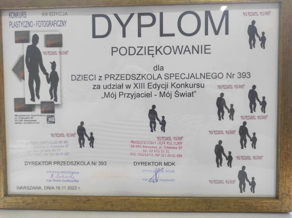 Podziękowanie za udział w konkursie Mój przyjaciel - Mój świat